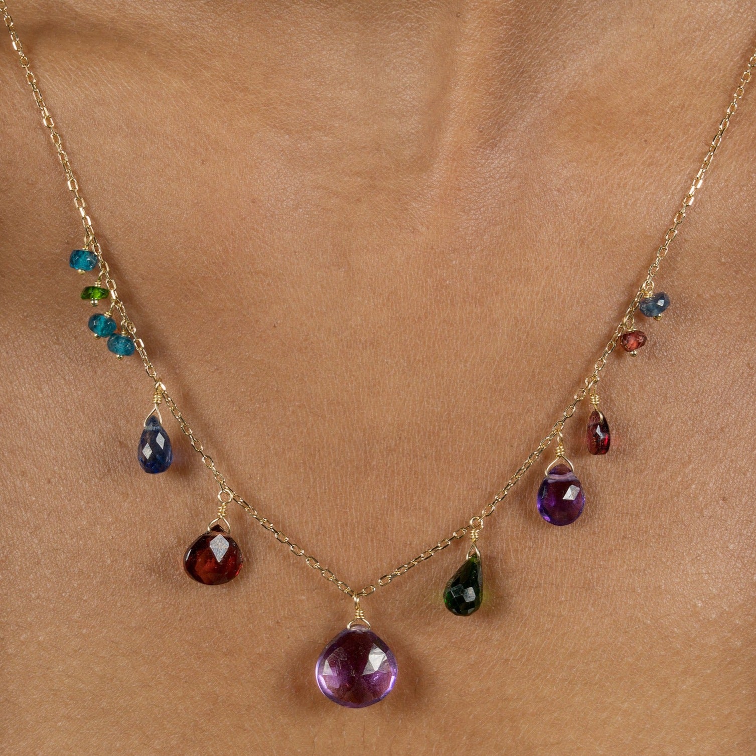 Sweet Pea 18ct yellow gold necklace with amethyst drop and mixed beads