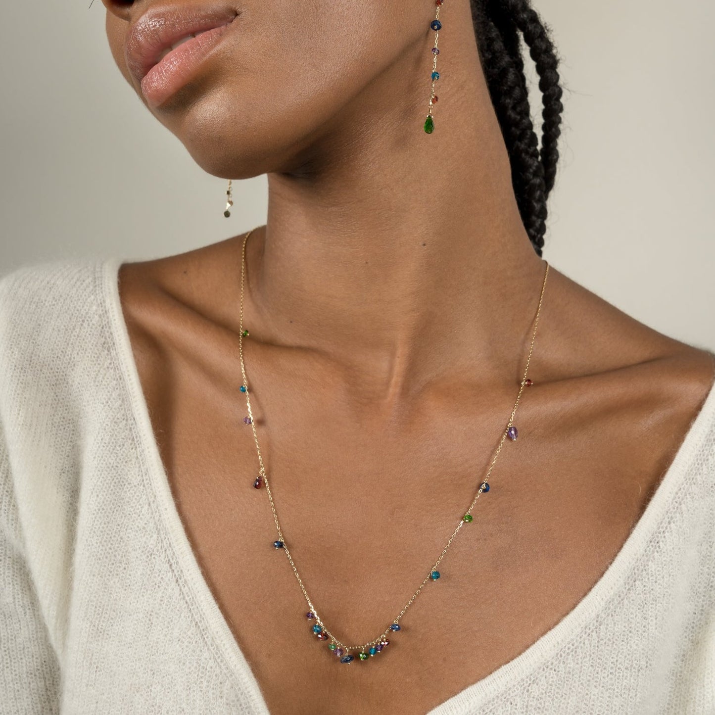 Sweet Pea 18ct gold necklace multi coloured beads from Crown Jewels collection on model