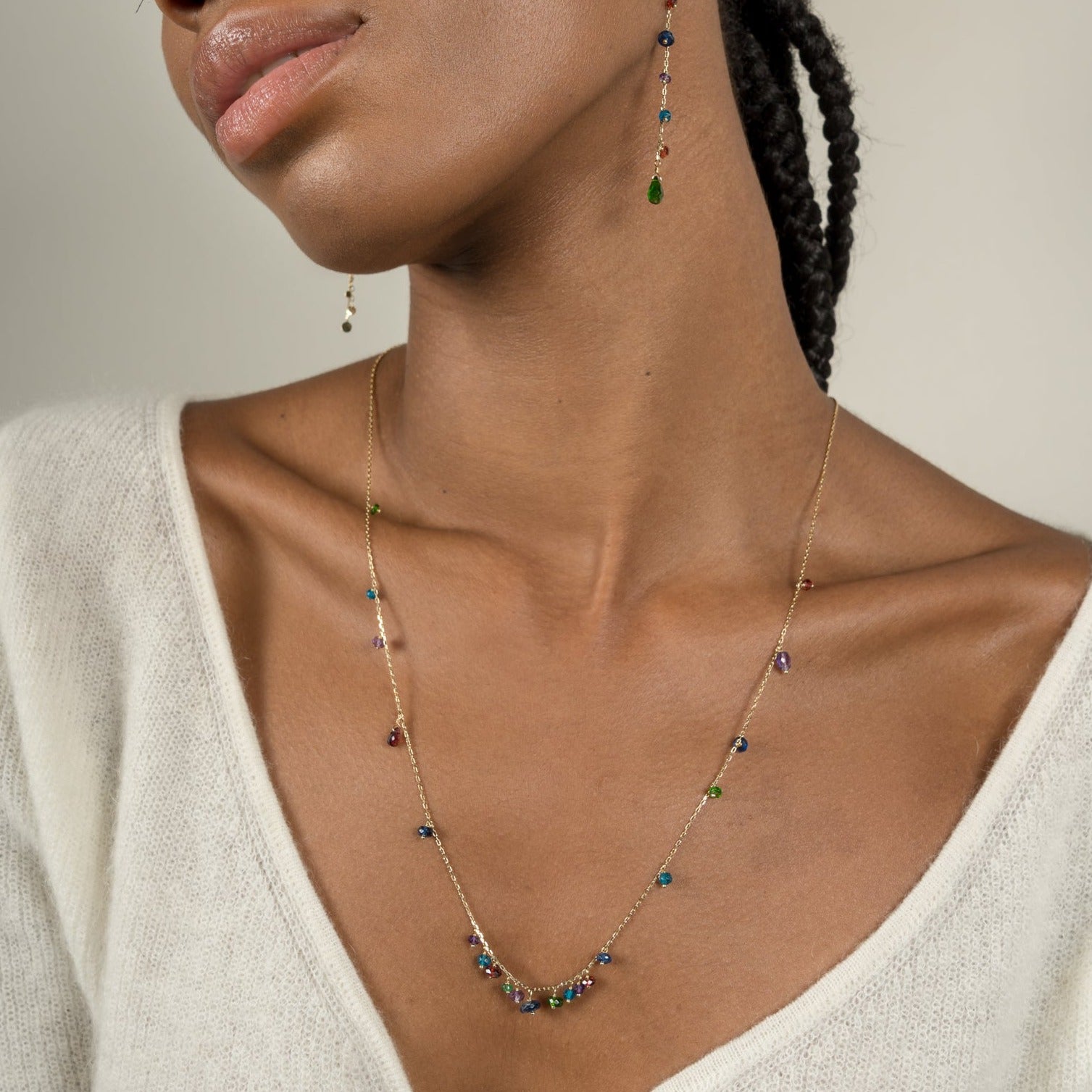 Sweet Pea 18ct gold necklace multi coloured beads from Crown Jewels collection on model