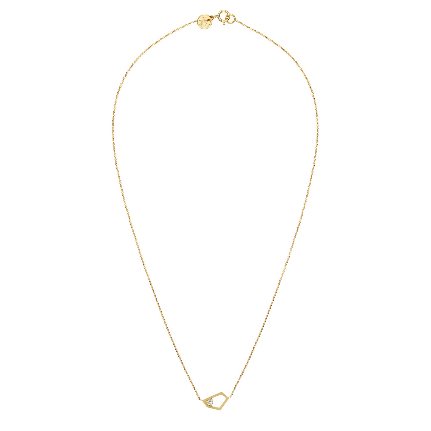 18ct yellow gold fine chain necklace with inserted open geometric shape in brushed finish and claw set white diamond