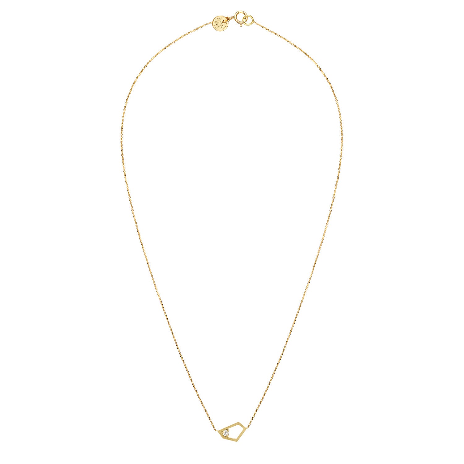 18ct yellow gold fine chain necklace with inserted open geometric shape in brushed finish and claw set white diamond