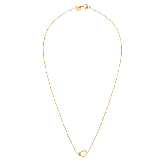 18ct yellow gold fine chain necklace with inserted open geometric shape in brushed finish and claw set white diamond