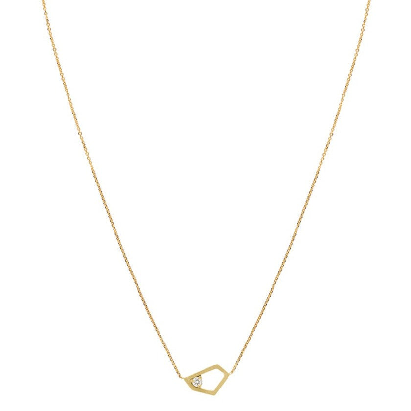 18ct yellow gold fine chain necklace with inserted open geometric shape in brushed finish and claw set white diamond