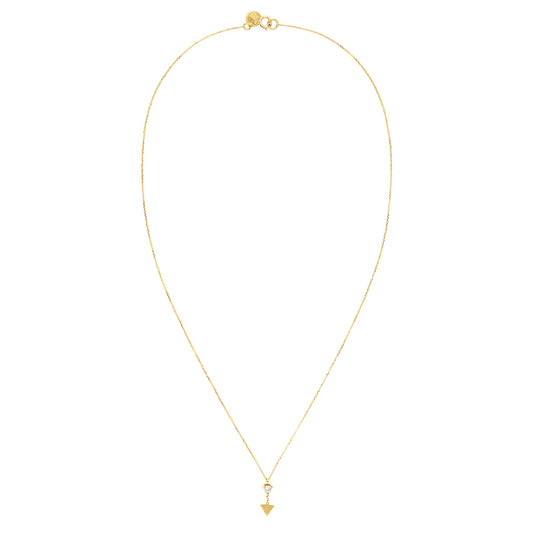 18ct yellow gold fine chain necklace with claw set white diamond and matt arrow pendant drop.