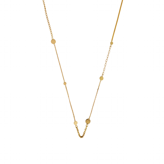 Sweet Pea 18ct gold Ancient World mixed chain and disc necklace close up