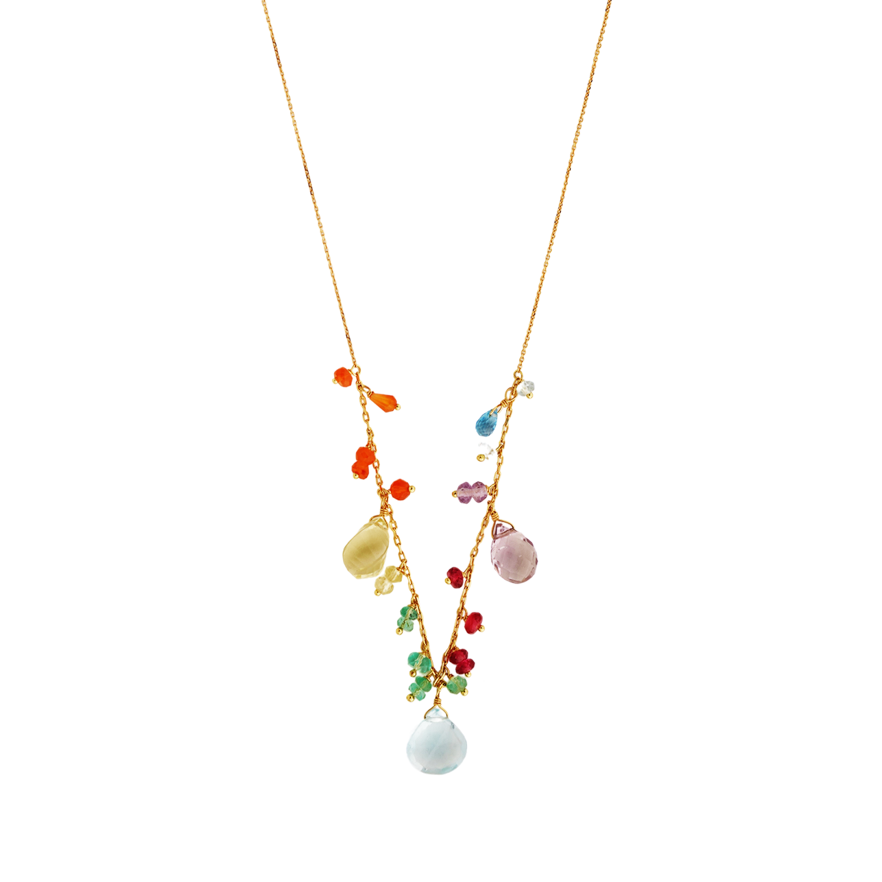 Sweet Pea 18ct gold Love is Love rainbow beaded multi drop necklace close up