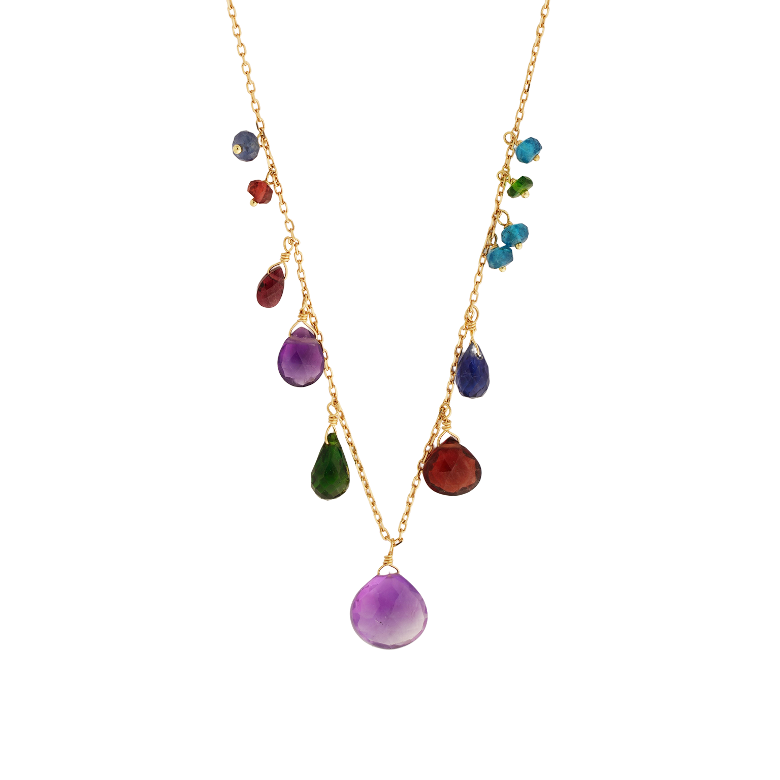 Sweet Pea 18ct yellow gold necklace with amethyst drop and mixed beads