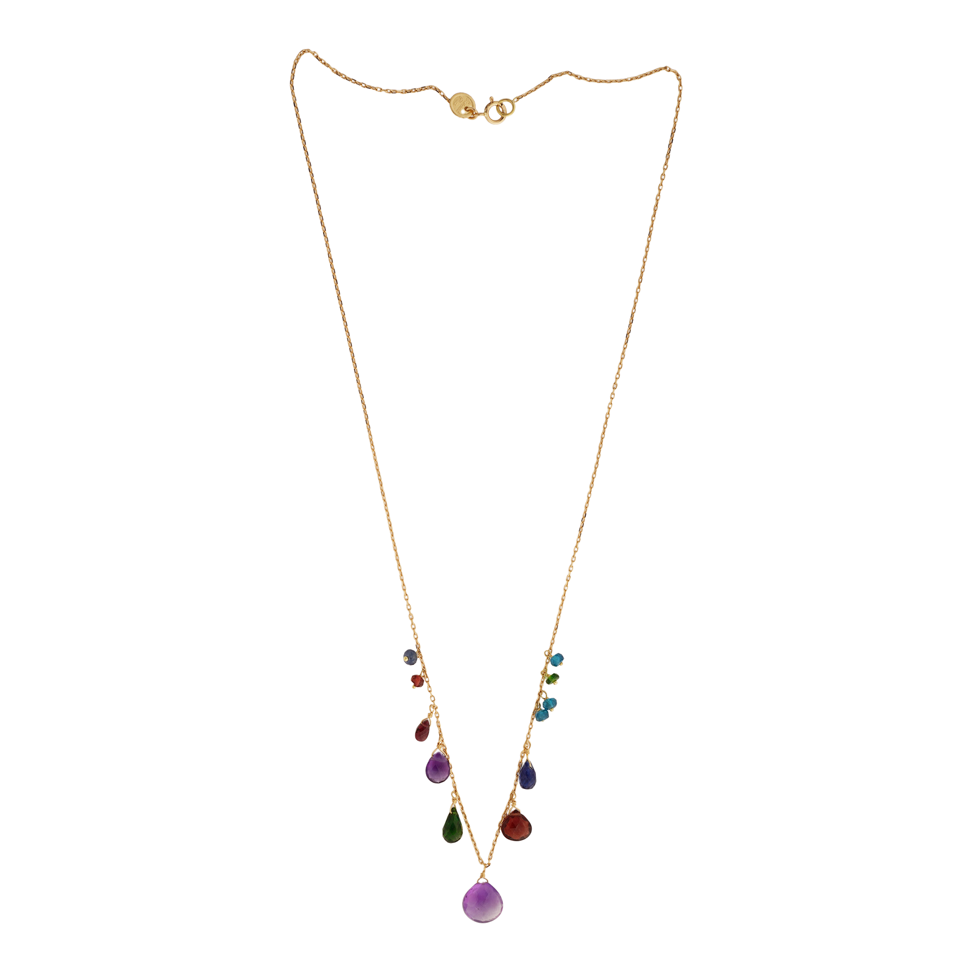 Sweet Pea 18ct yellow gold necklace with amethyst drop and mixed beads