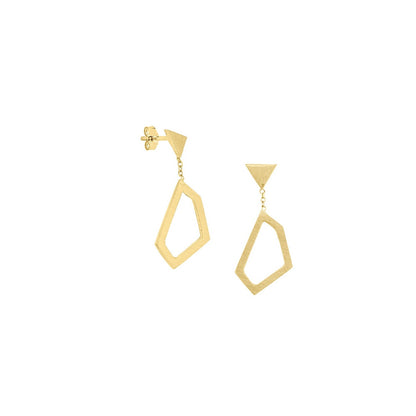 18ct yellow gold arrow stud earrings with hanging open geometric shape in matt finish