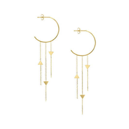 18ct yellow gold small hoop earrings with 3 hanging fine chains inserted with 3 brushed arrow elements