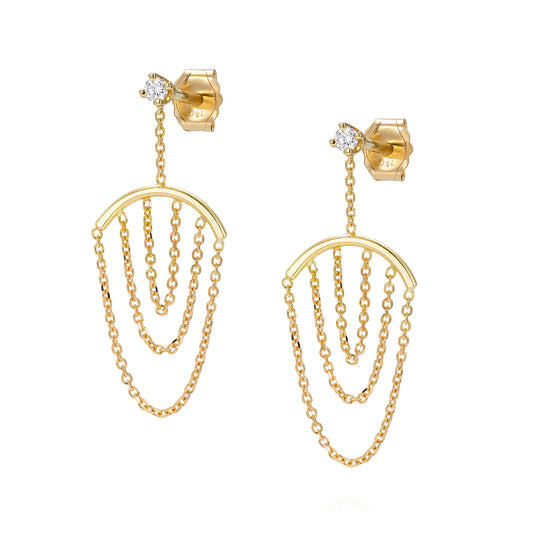 Sweet Pea 18ct yellow gold Nouveau Now white diamond stud earrings with hanging gold arcs with layered chain.