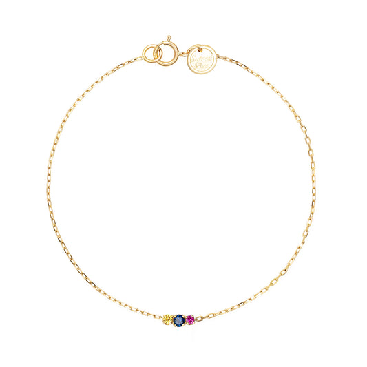 18ct yellow gold chain bracelet with horizontal set pink blue and yellow sapphire bar.