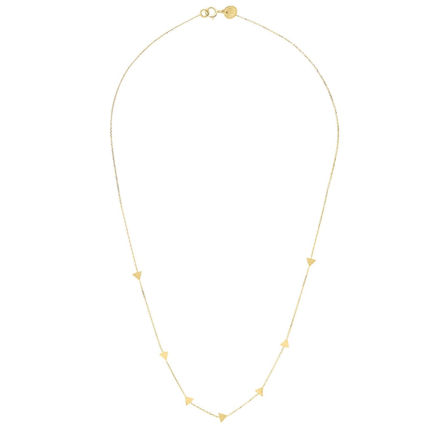 18ct yellow gold fine chain necklace with 7 inserted brushed arrow elements