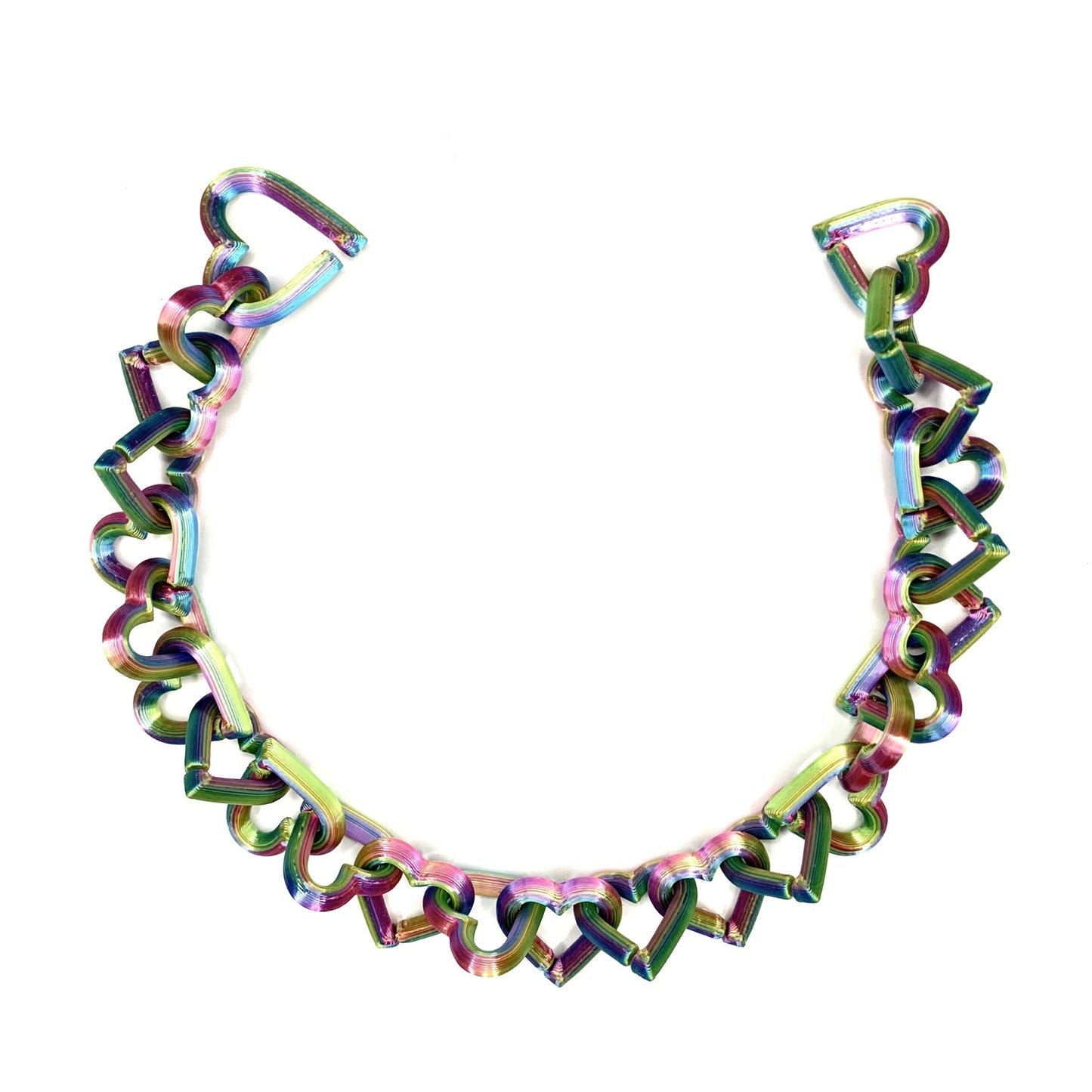 zoe sherwood 3D printed Linked Heart Bracelet with Rainbow Magic finish open