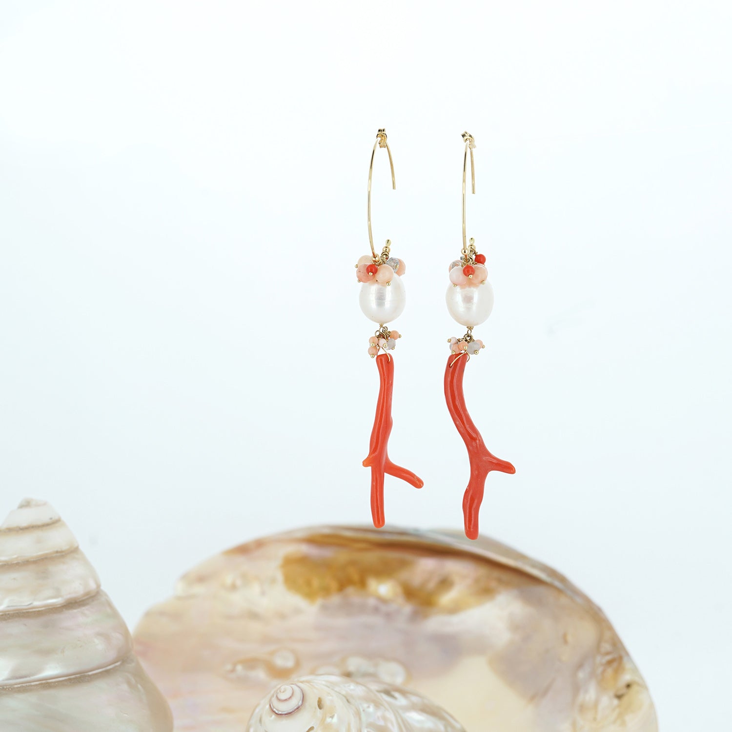 Sweet Pea 18ct gold hoops with coral beads, pearls and coral branch