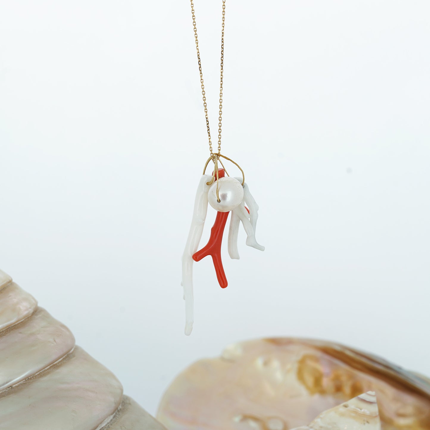 Sweet Pea 18ct gold necklace with pearl and coral branch charms