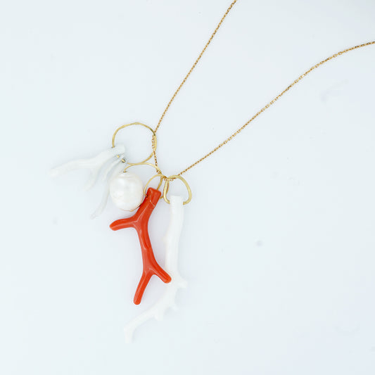 Sweet Pea 18ct gold necklace with pearl and coral branch charms
