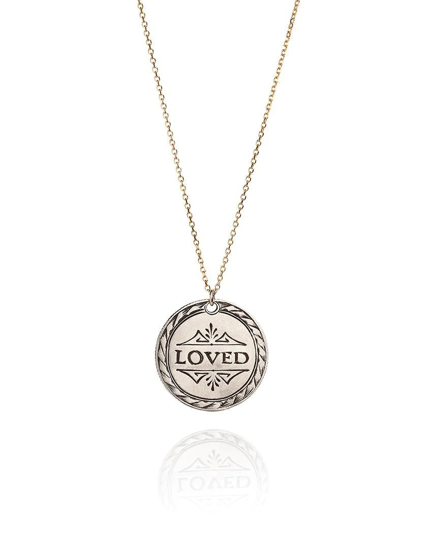 Laura Lee's silver Loved Token pendant on 9ct chain Necklace front
