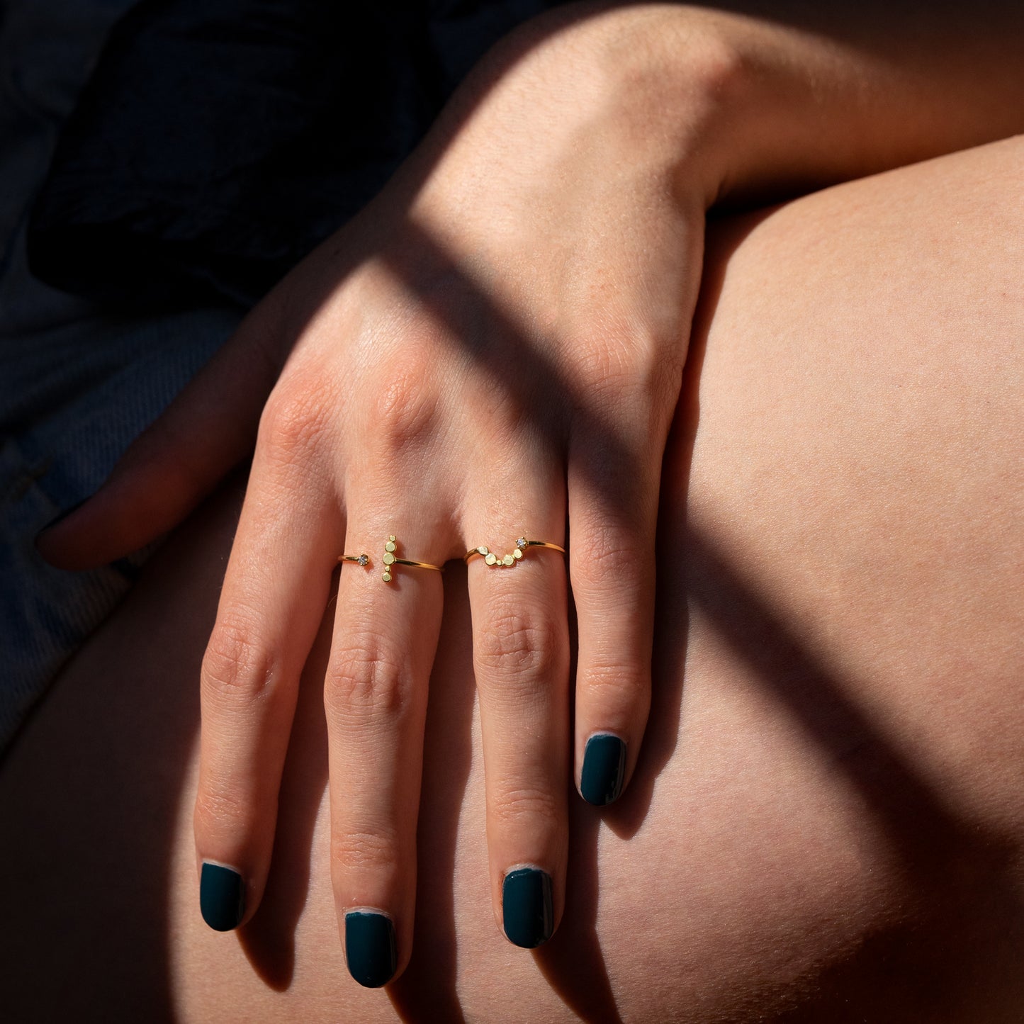 18 ct yellow gold curved bar Diamond ring Bits And Bobs Curved Bar Diamond Ring on model