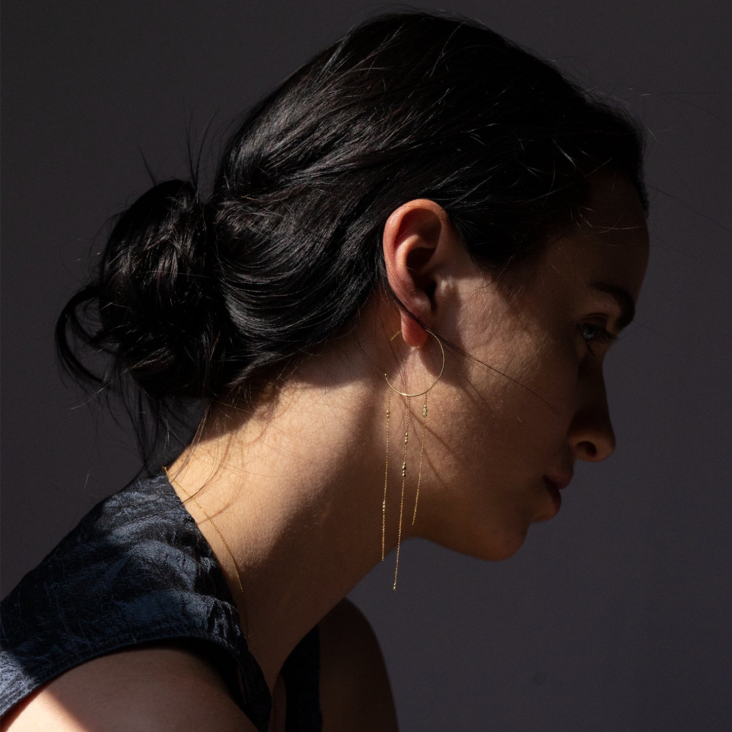 18ct yellow gold hoop earrings with 3 strands of fine chain with Bits and Bobs on model