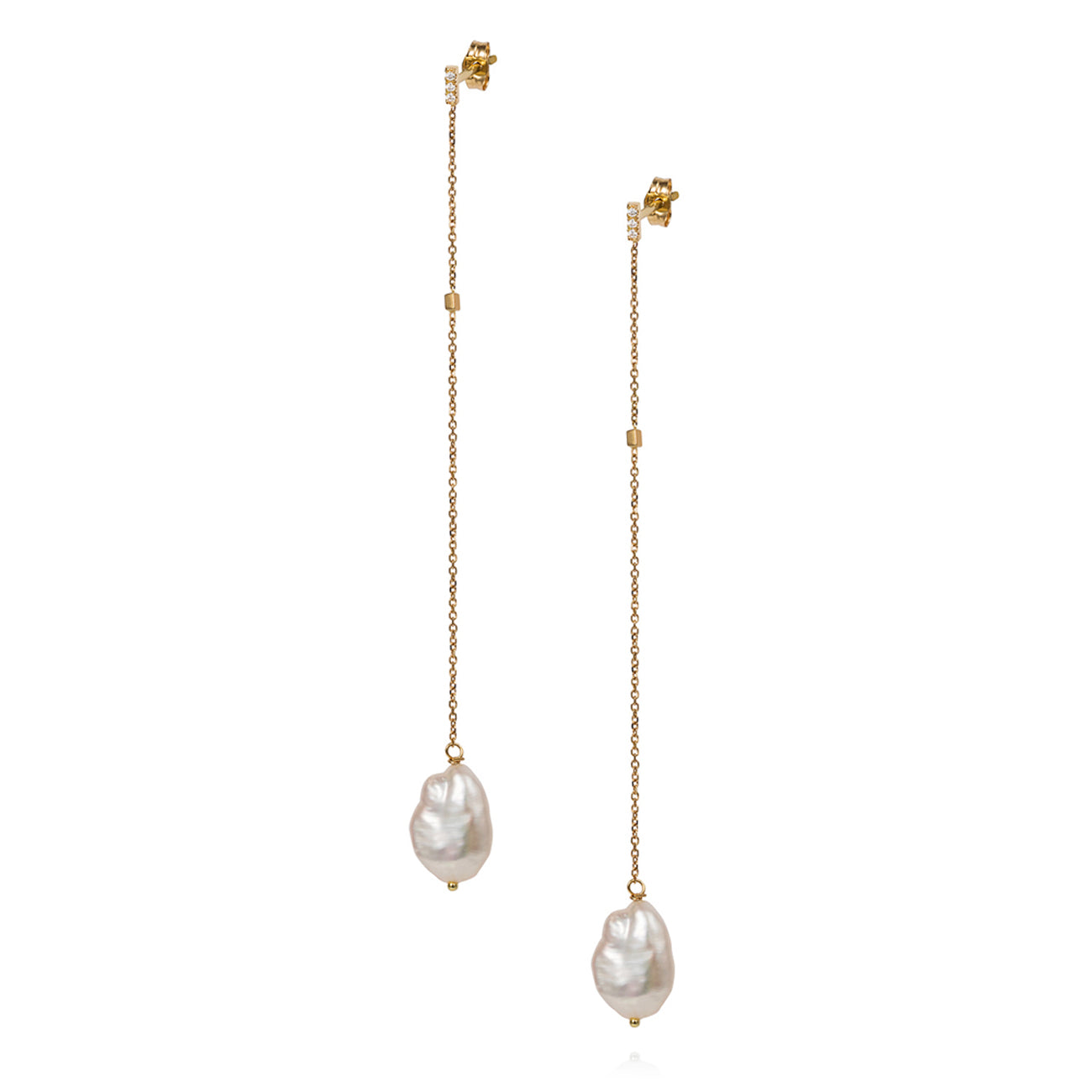 18ct yellow gold small vertical Diamond set bar stud earring with hanging chain, inserted bar and Keshi Pearl drop