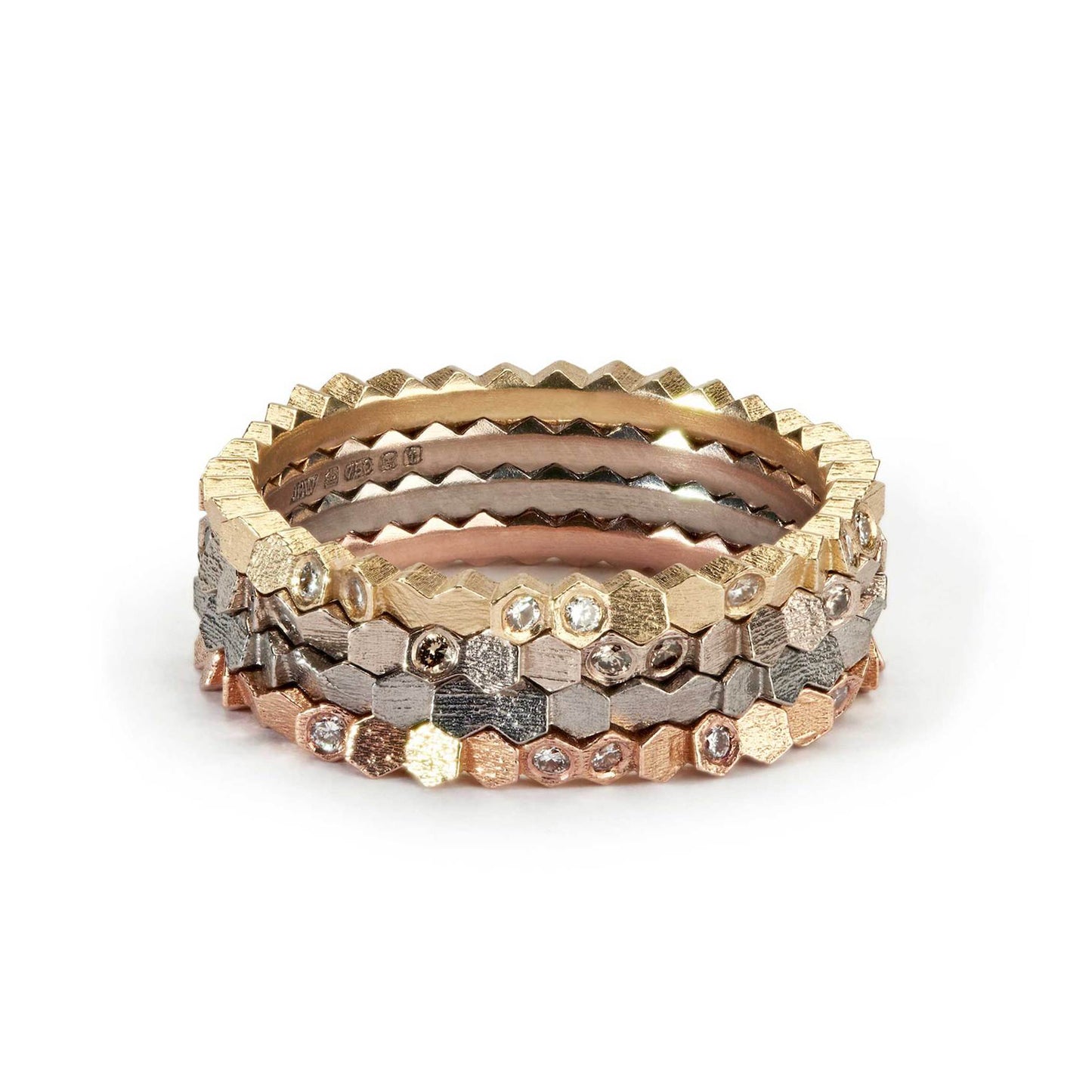 Jo Hayes Ward Brown Diamond Single Hex Ring stacked