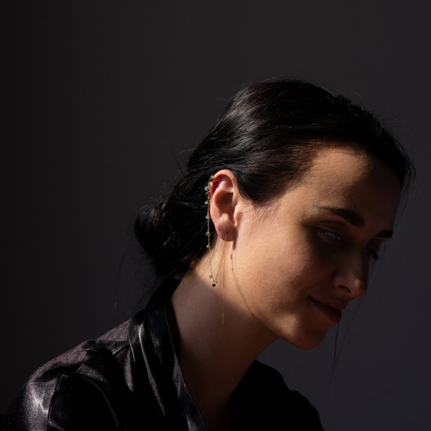 Pogo Punk Emerald Thread Through Cuff Earring on model