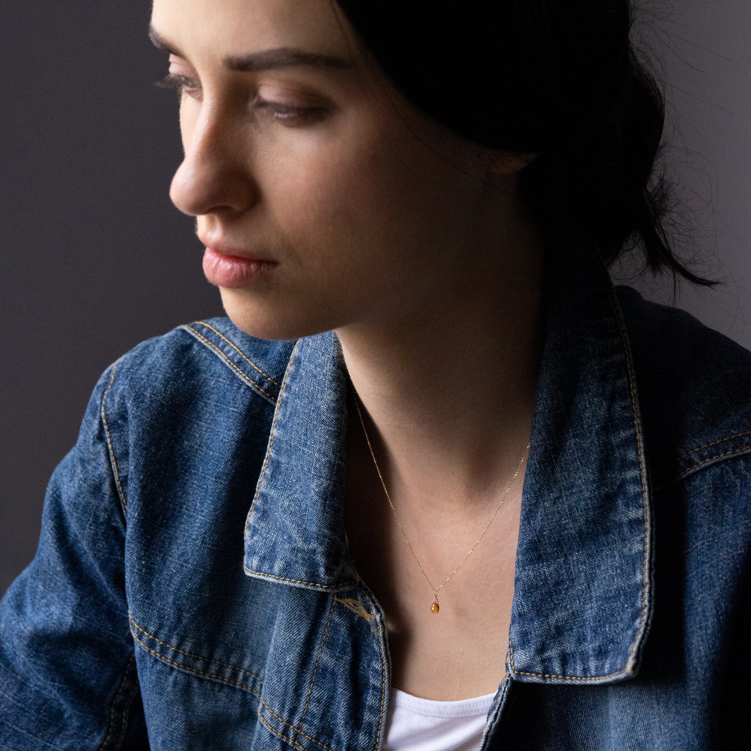Orange Sapphire Drop Necklace on model