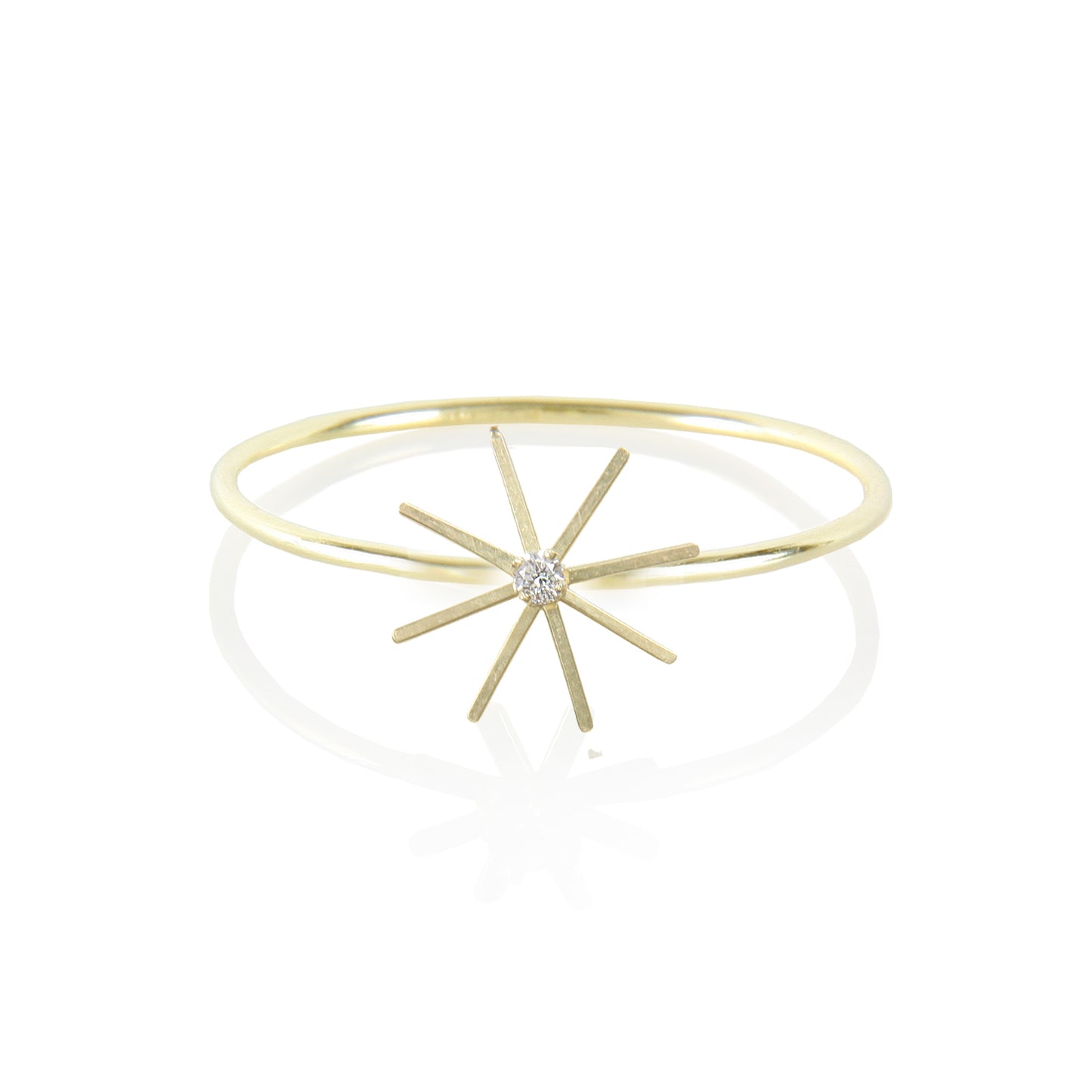 This 18ct yellow gold fine diamond ring is from our Pop Up Daisy Collection. The Flower motif is made up from fine gold petals and features a central Diamond set collet.