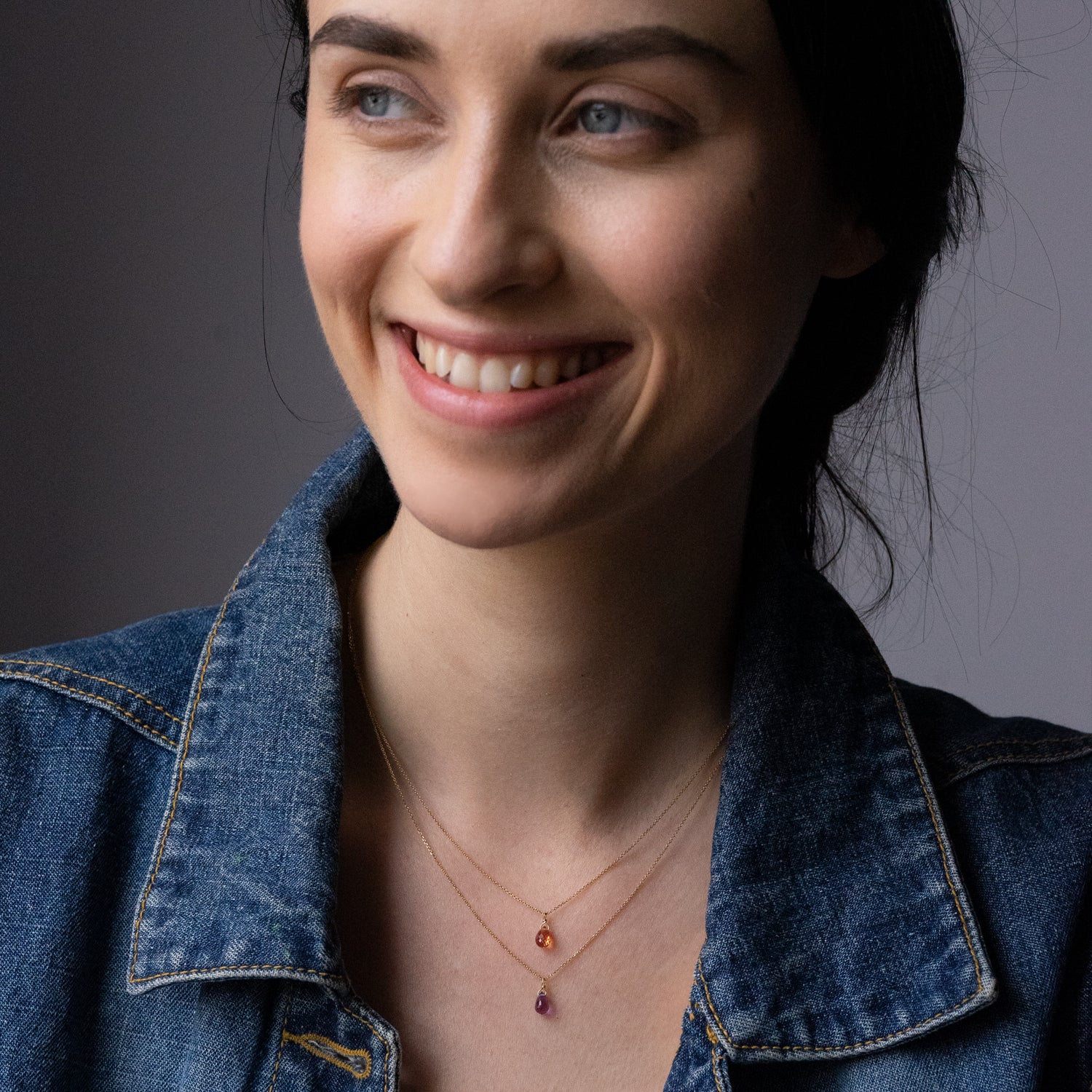 Orange Sapphire Drop Necklace on model