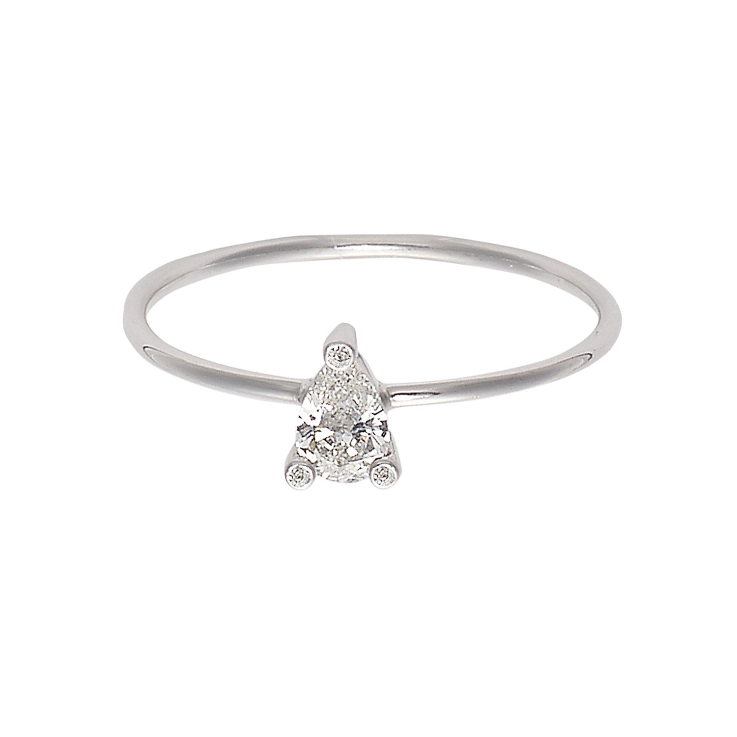 Sweet Pea 18ct white gold engagement ring with claw set pear shaped white diamond and diamond set tips.