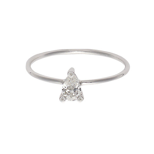 Sweet Pea 18ct white gold engagement ring with claw set pear shaped white diamond and diamond set tips.