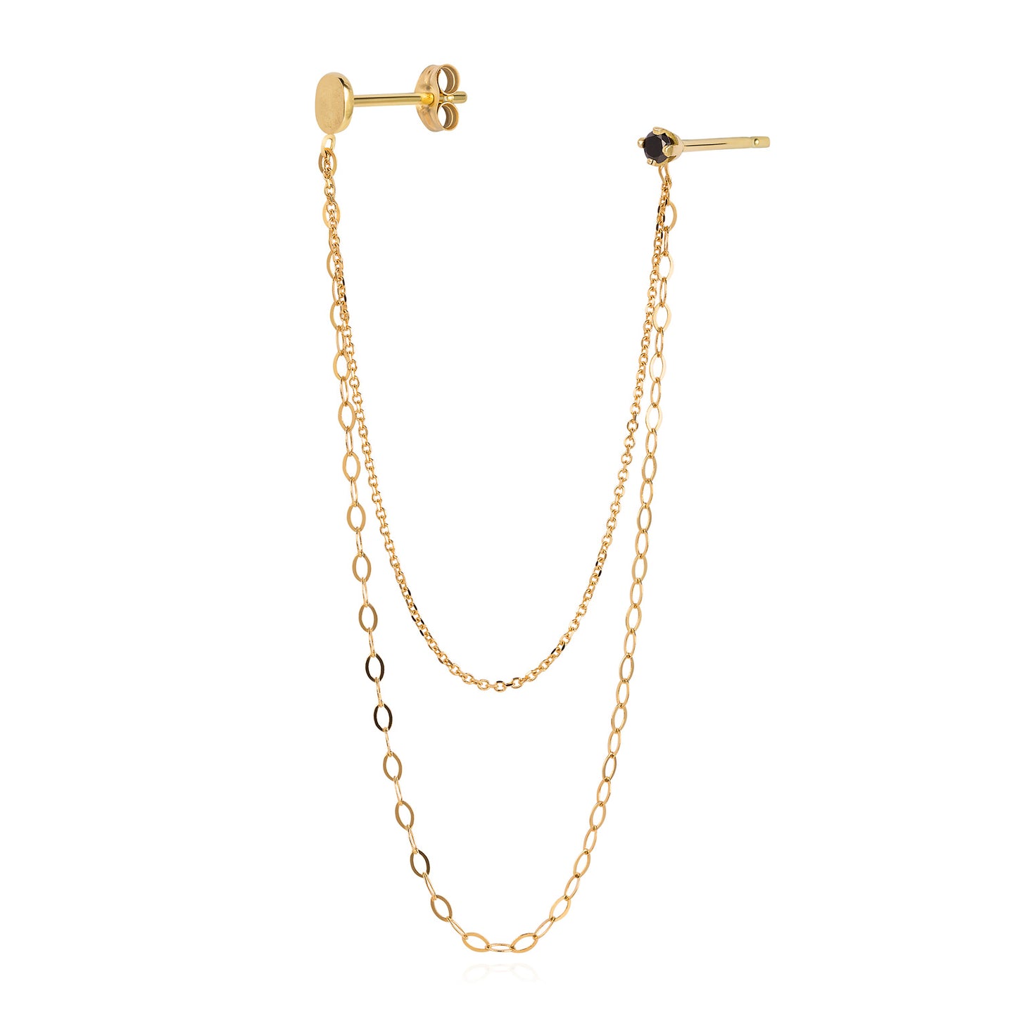 18 ct yellow gold double earring with black diamond and oval stud