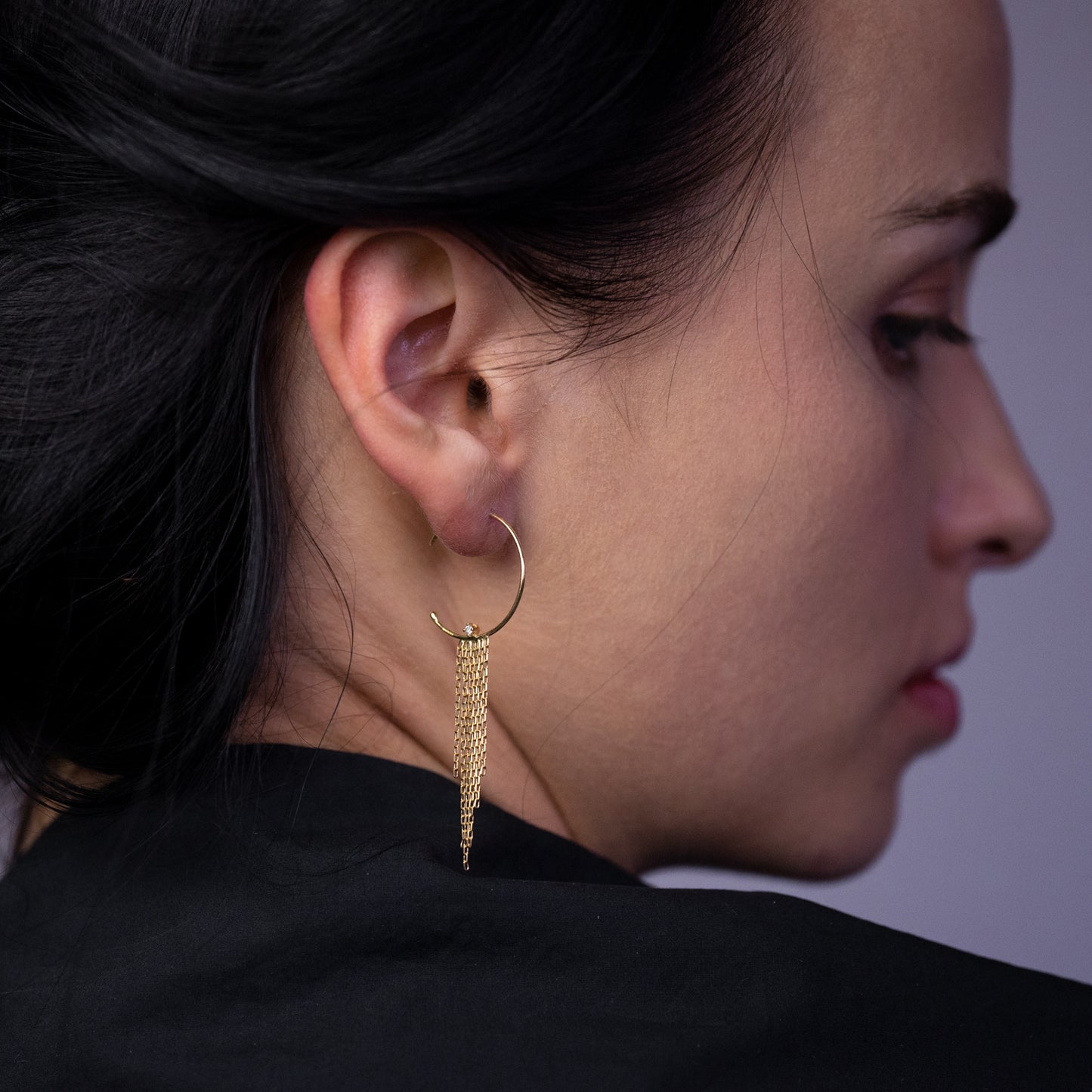18ct yellow gold small hoops with diamond and tapered fringe