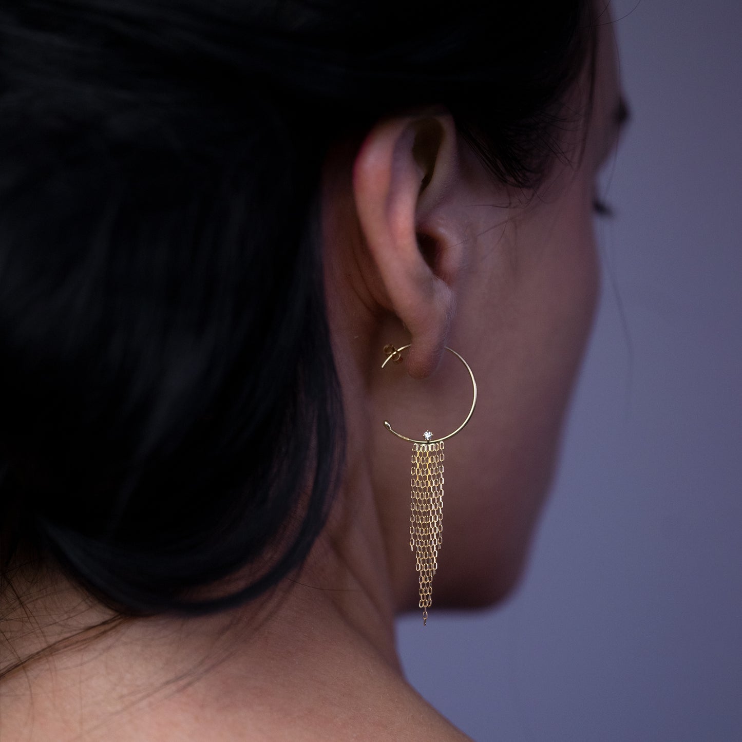 18ct yellow gold small hoops with diamond and tapered fringe