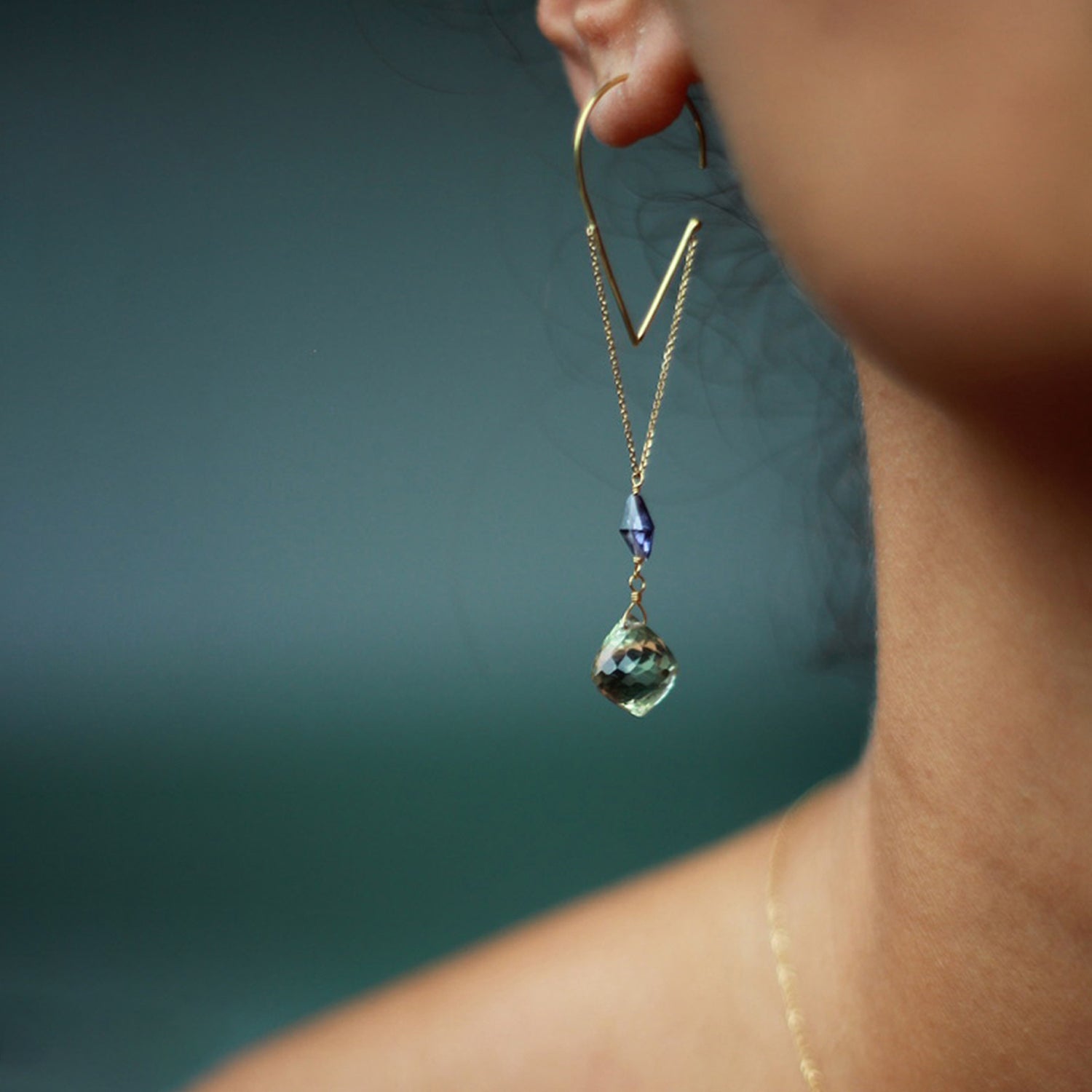 Opal Fountain v-Shaped Hoop Earrings on model