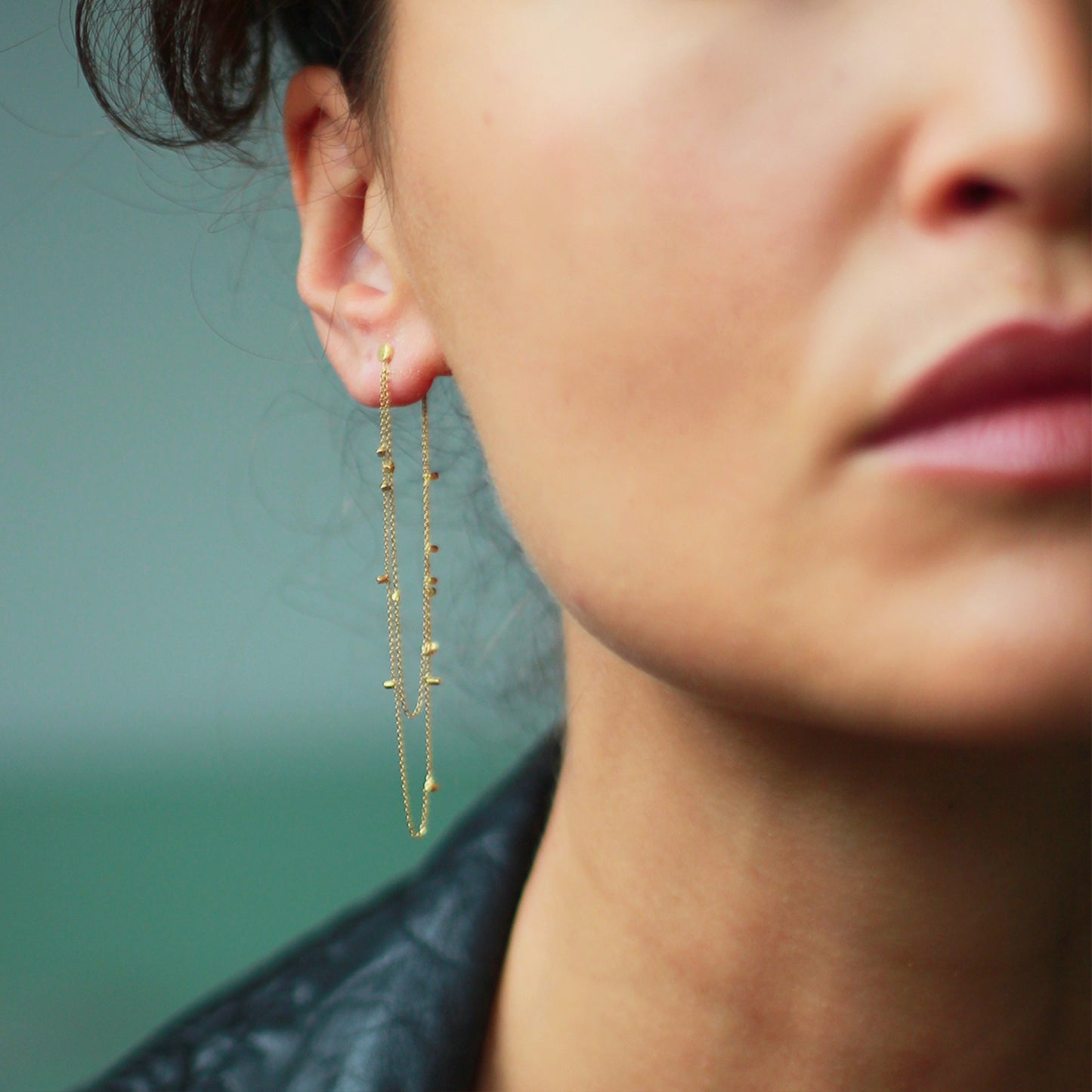 Long Double Drape Gold Dust Studs on model