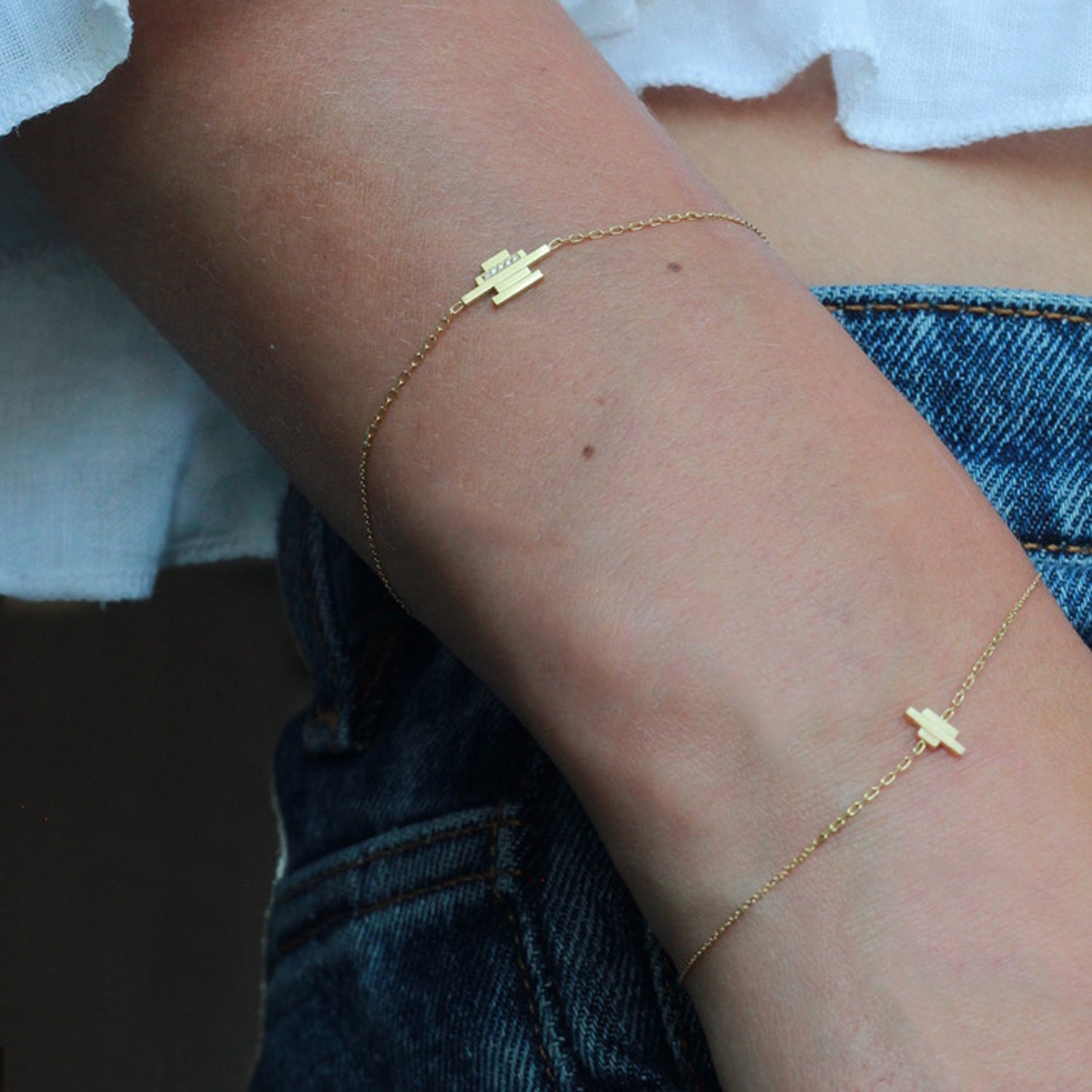 Deco Decadence Horizontal Diamond Bracelet on model also wearing another Deco Decadence bracelet