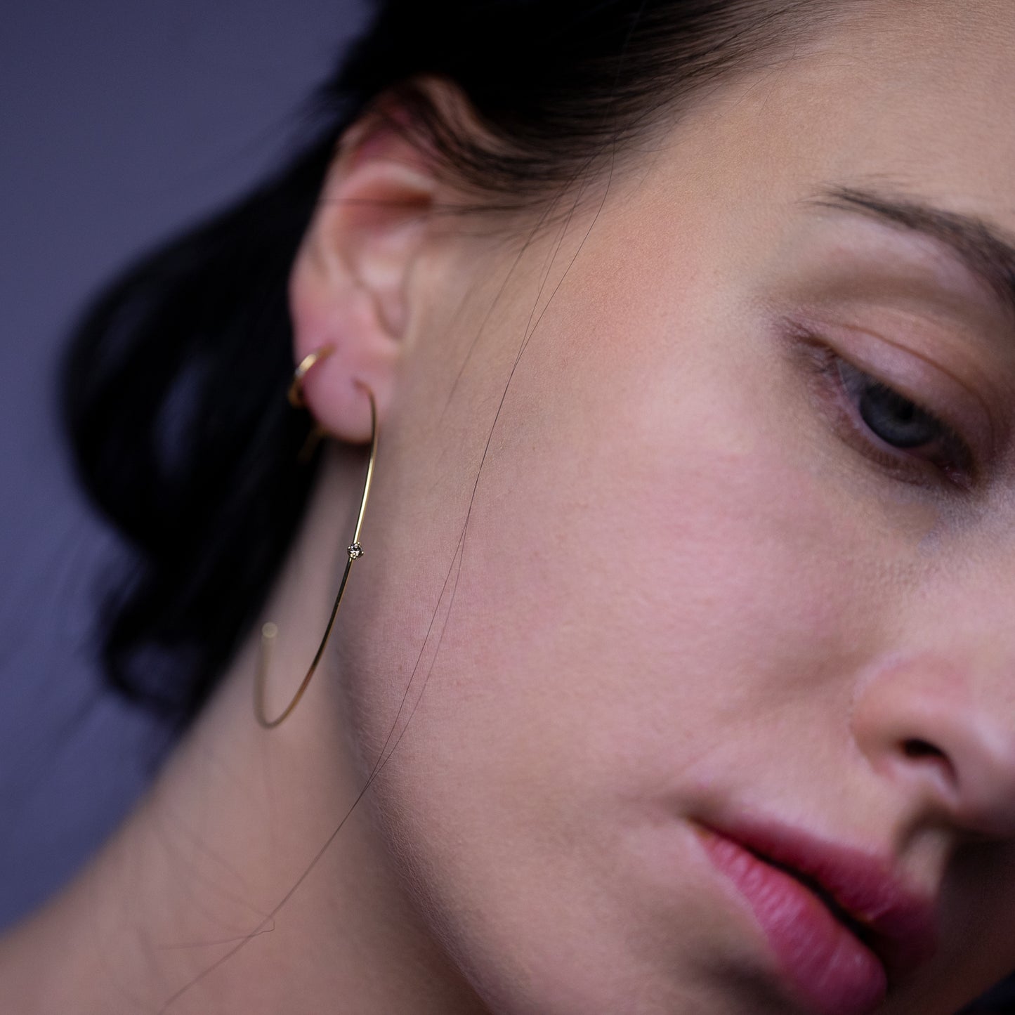 18ct yellow gold hoops with Champagne Diamond set collet ON model