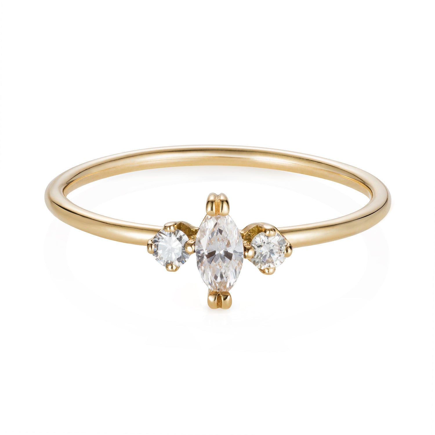 Sweet Pea 18ct yellow gold 3 stone diamond engagement ring with marquise diamond and round brilliant cut diamonds either side.