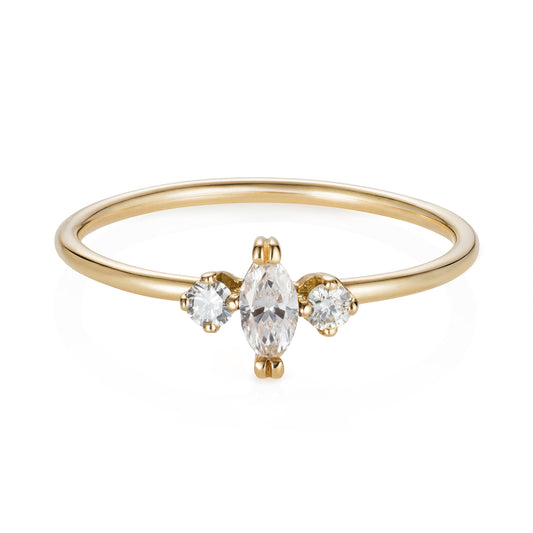Sweet Pea 18ct yellow gold 3 stone diamond engagement ring with marquise diamond and round brilliant cut diamonds either side.