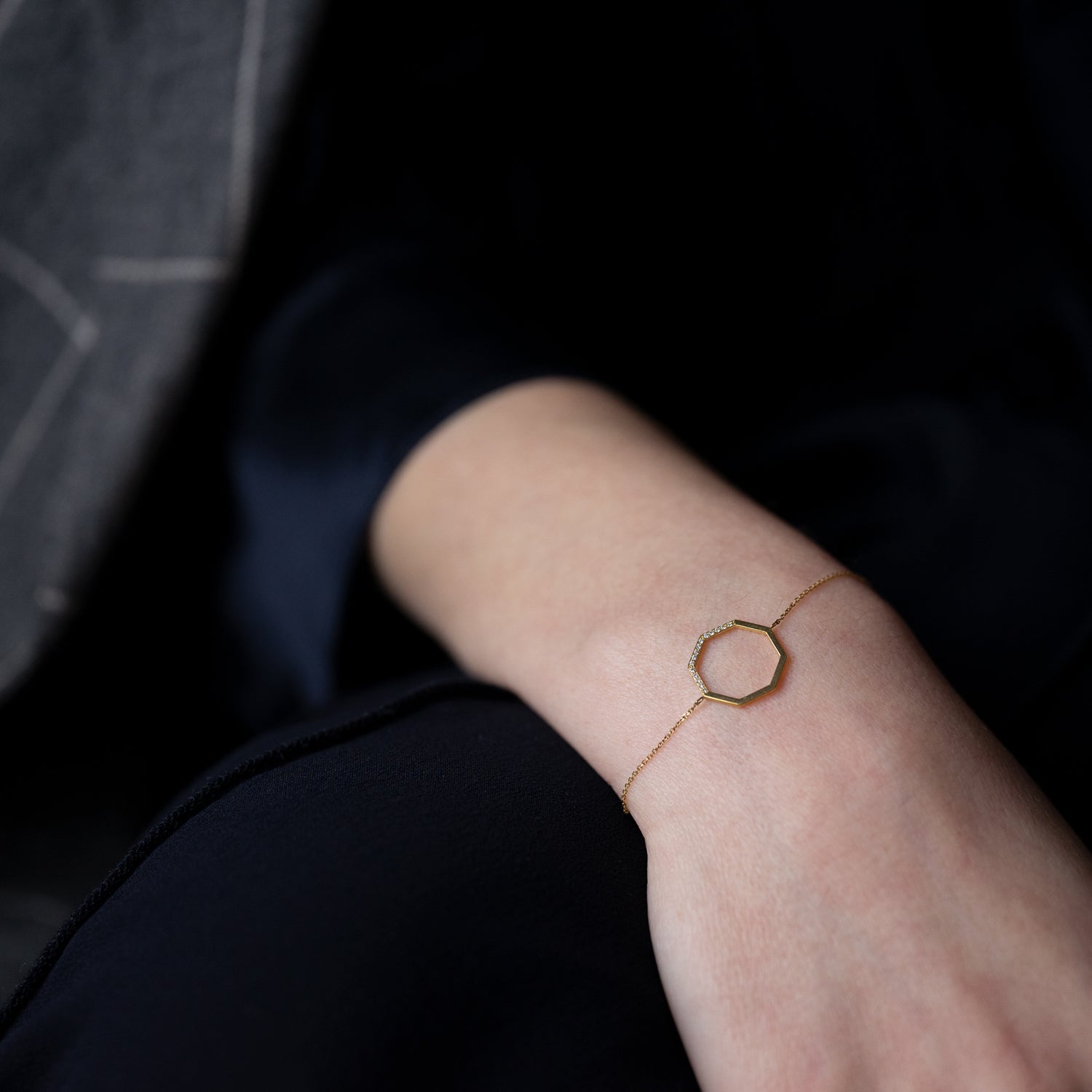 18ct yellow gold pave Diamond set octagon bracelet on model