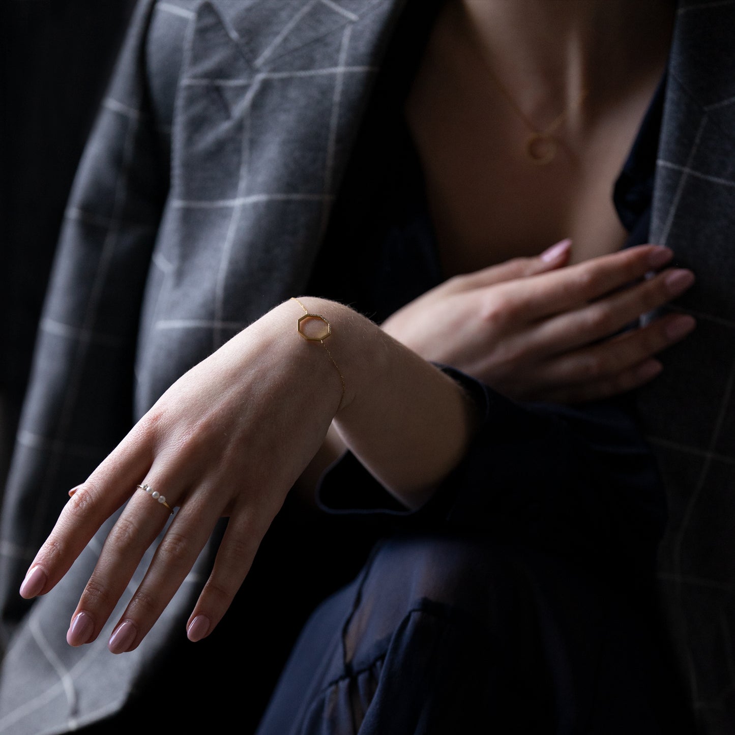 18ct yellow gold pave Diamond set octagon bracelet on model