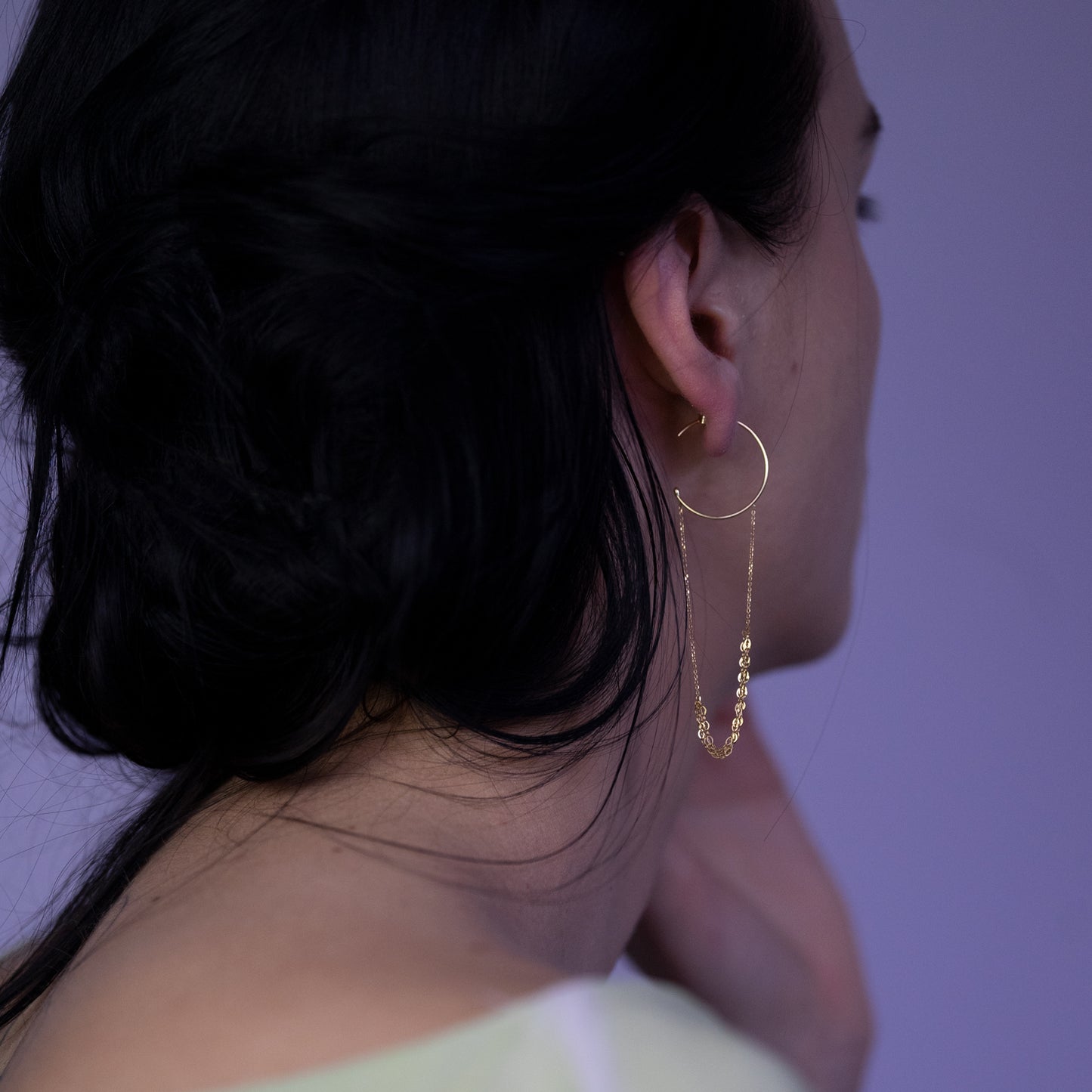 18ct yellow gold hoop with looped layered chains on model