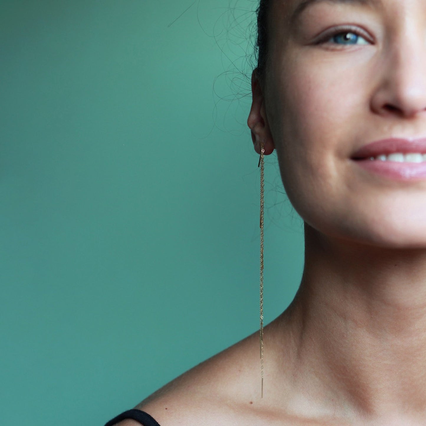 Sycamore Long Chain Studs with Bar Drops on model