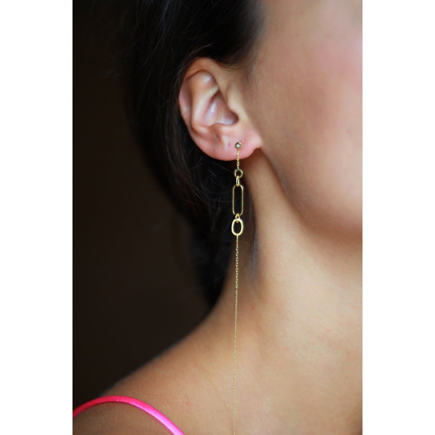 18ct Yellow Gold Diamond stud earrings with long chain wit handmade irregular links. From our Linked With Love collection. on model