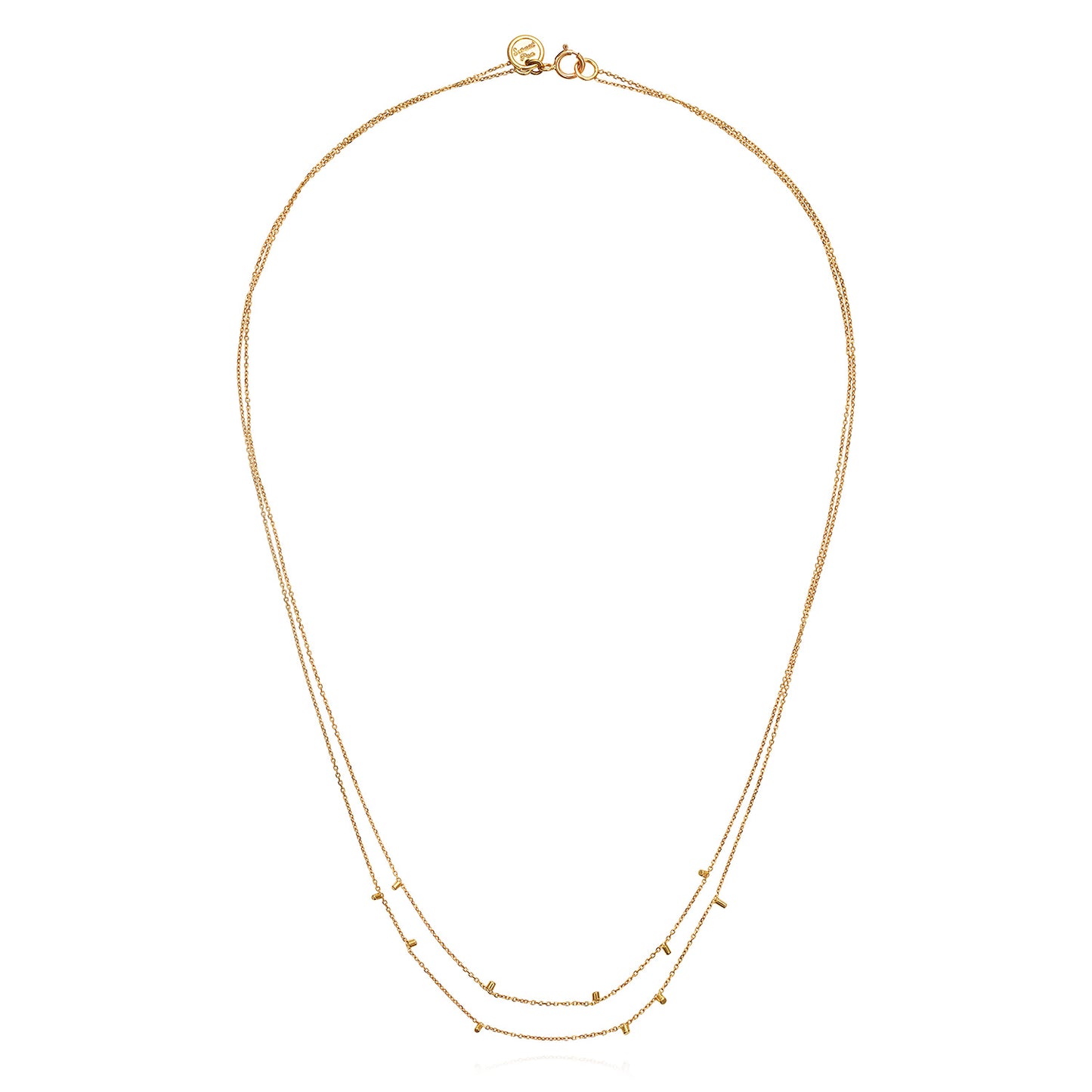 This cute 18 ct yellow double strand necklace is made of fine chain sprinkled with a shimmering of gold embellishments and is part of our Gold Dust Collection.