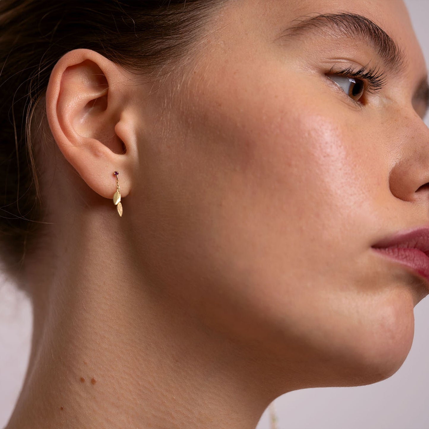 RBC Pink Sapphire studs with double Gold leaf drops on model