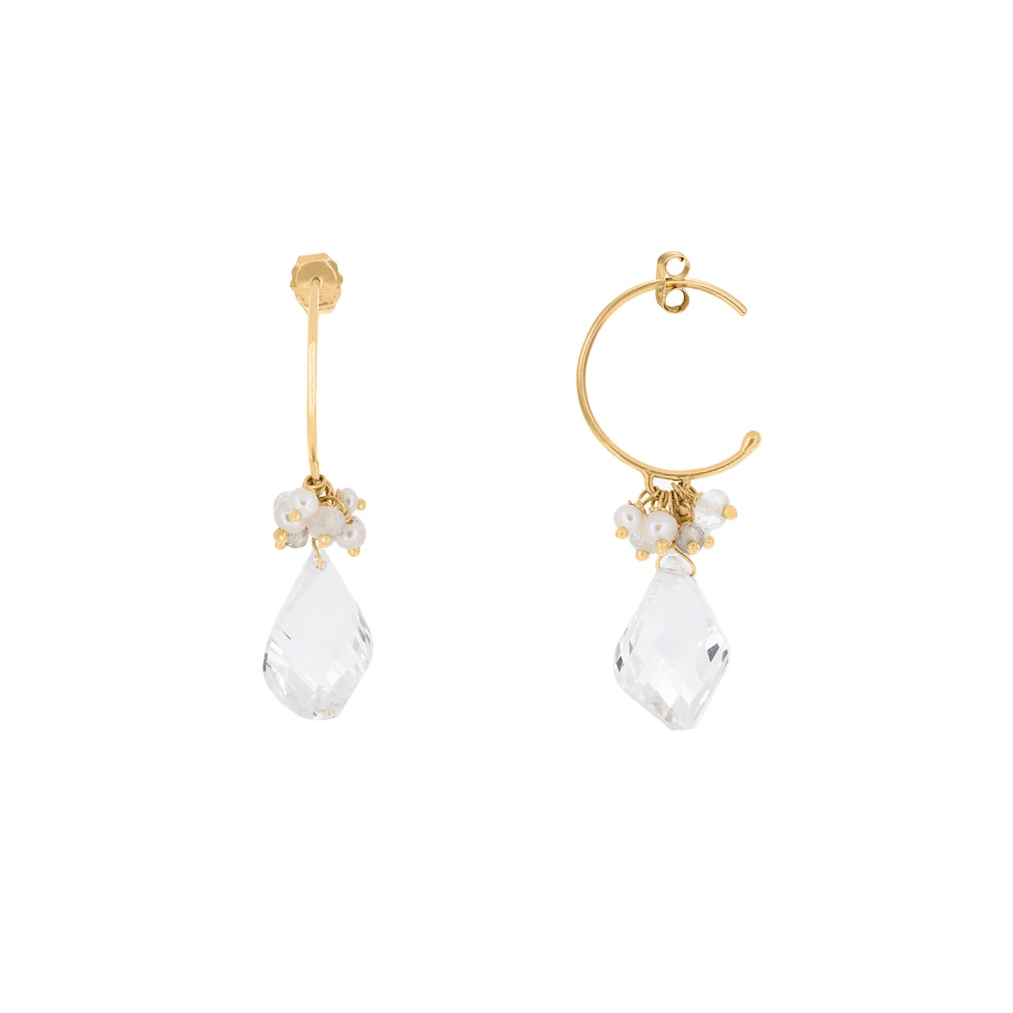 18ct Gold Goddess of Love baby hoops with clusters of Pearl and Crystal beads/drops.