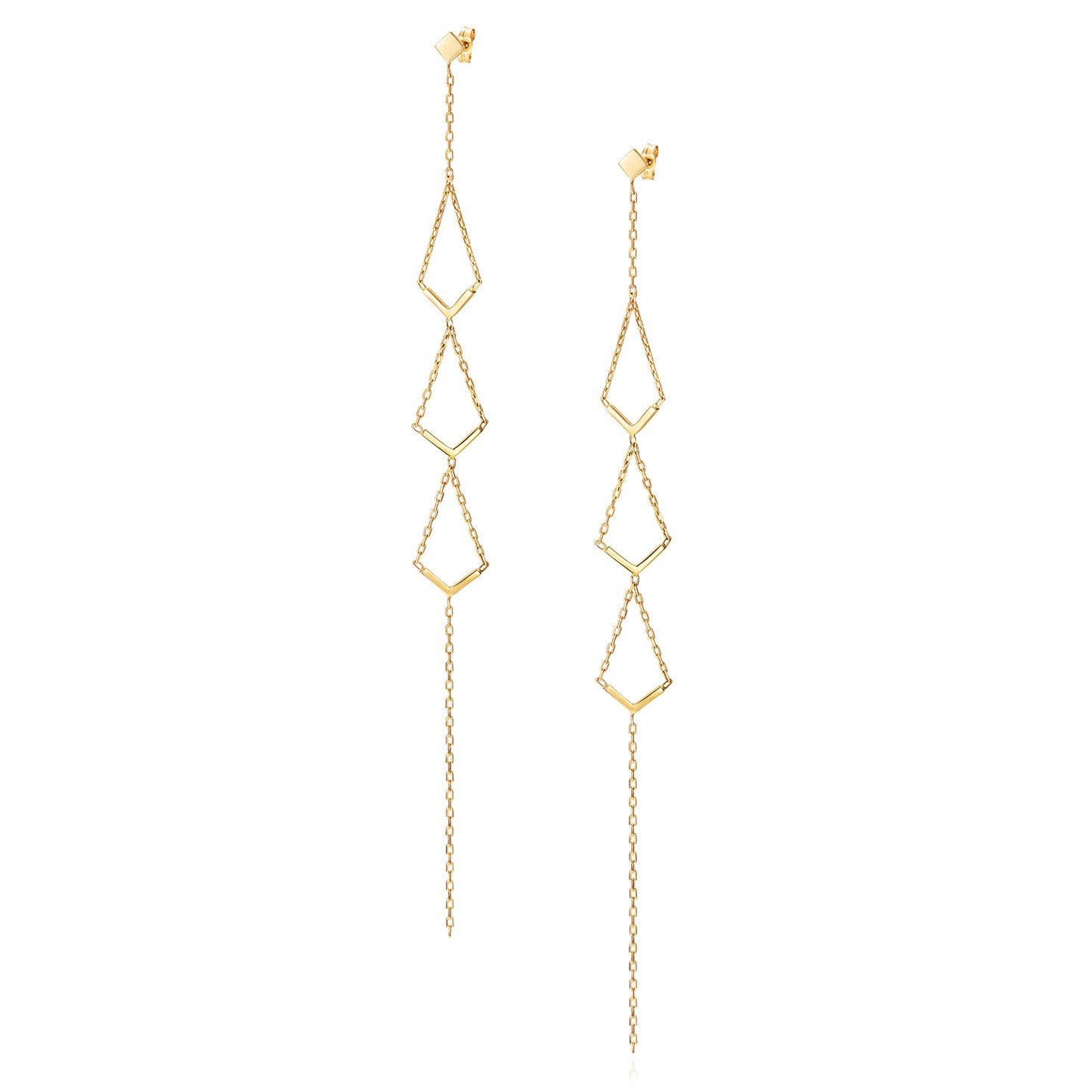 18ct yellow gold square stud long earrings with 3 V shaped drops and chain tails